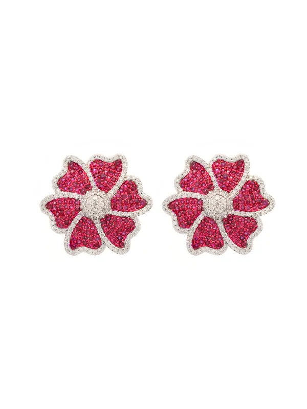 5.13ct Ruby Diamond 14K Gold Flower Earrings made by Wish Fine Jewelry
