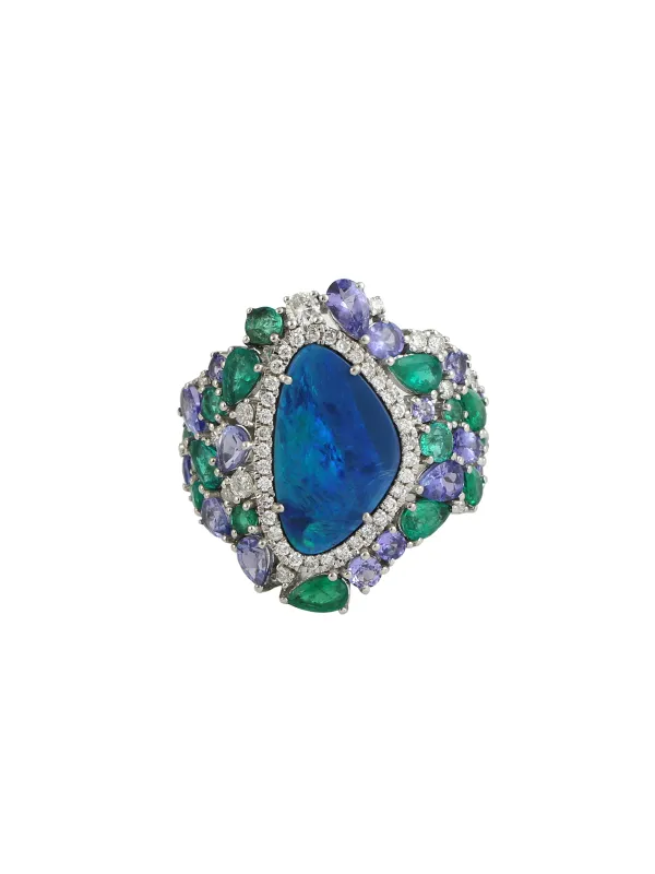 6.9ct Diamond Emerald Tanzanite Opal Halo Ring made by Wish Fine Jewelry
