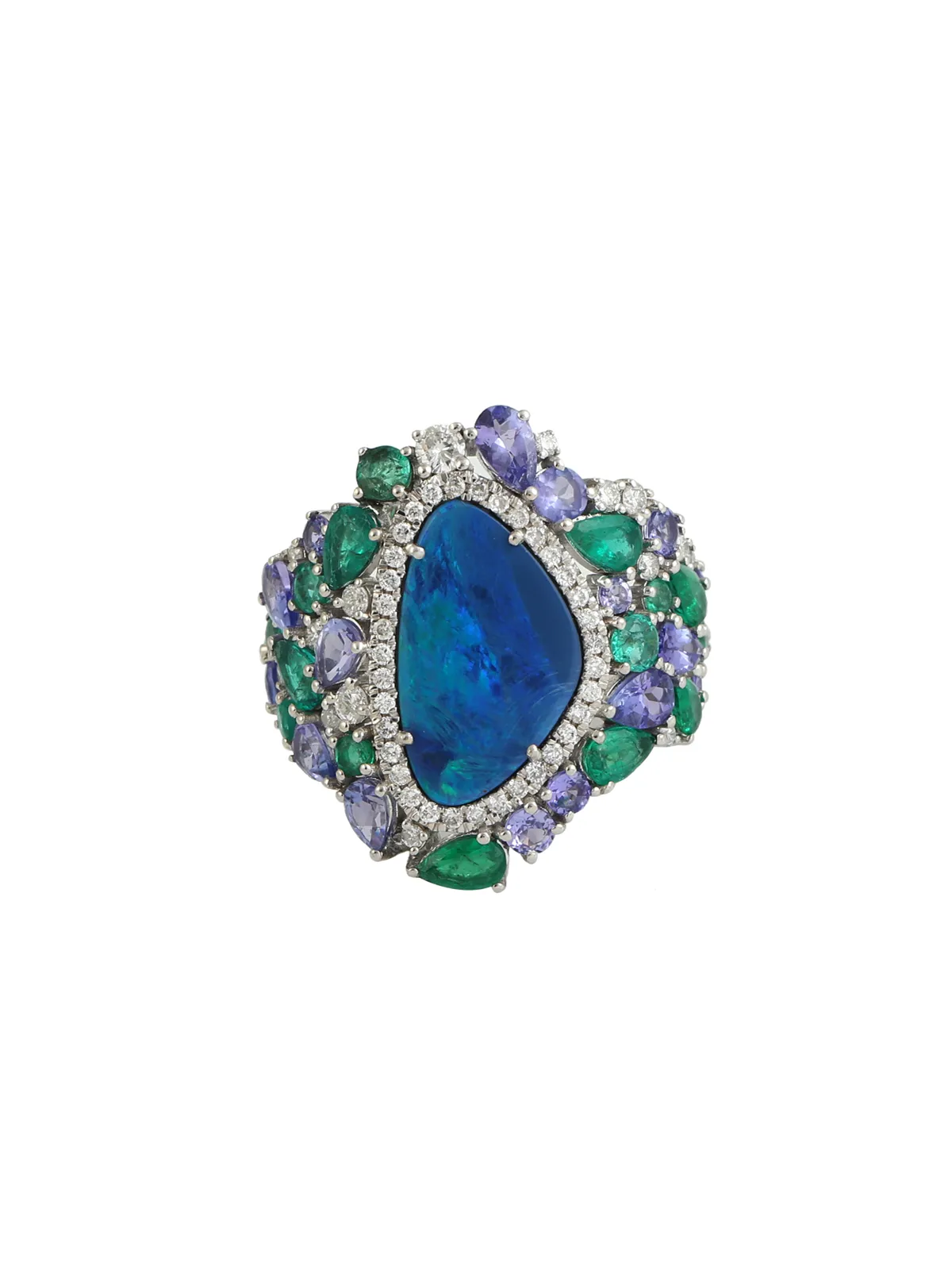 6.9ct Diamond Emerald Tanzanite Opal Halo Ring sold by Wish Fine Jewelry