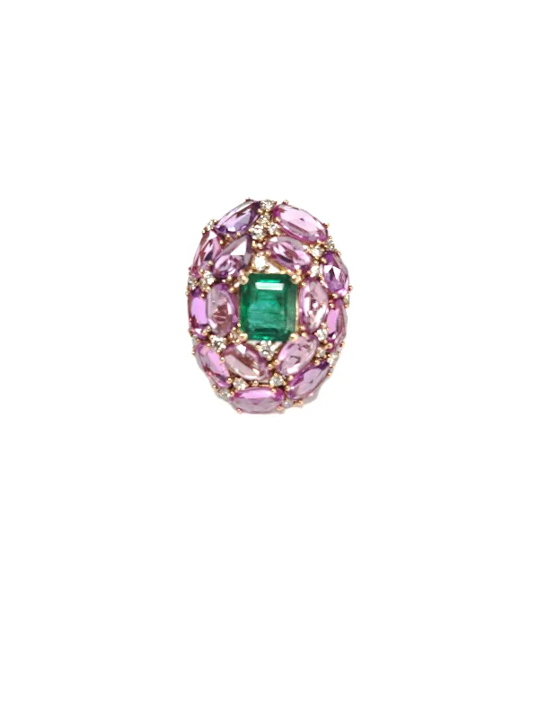10.83ct Pink Sapphire Emerald 18K Gold Cocktail Ring made by Wish Fine Jewelry