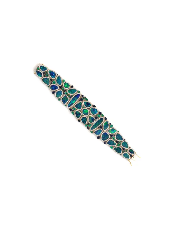 50.46ct Diamond Emerald Opal Sapphire 18K Gold Bracelet made by Wish Fine Jewelry