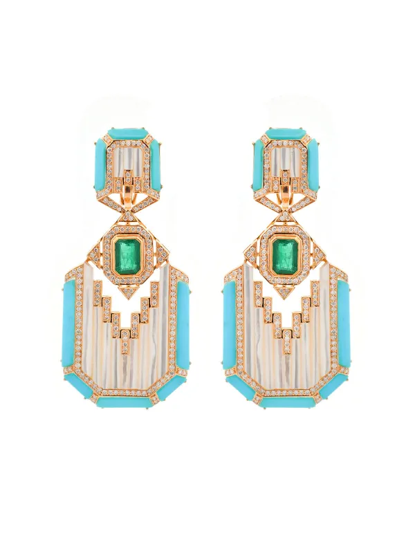 2.15ct Diamond & Emerald & Turquoise 18K Gold Earring made by Wish Fine Jewelry