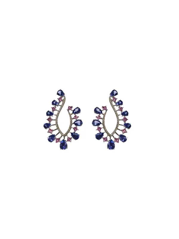 Tanzanite Pink Sapphire Diamond 18K Gold Earrings made by Wish Fine Jewelry