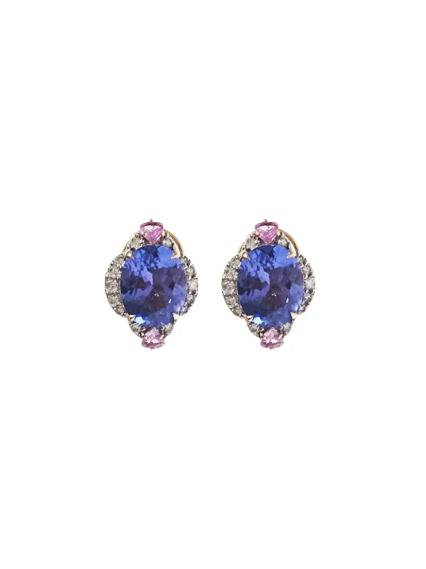 Tanzanite Pink Sapphire Diamond 18K Gold Earrings made by Wish Fine Jewelry