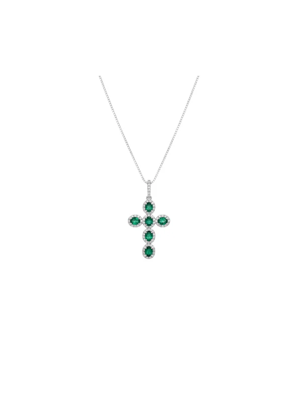 1.72ct Diamond Emerald 14K Gold Cross Pendant Chain Necklace made by Wish Fine Jewelry