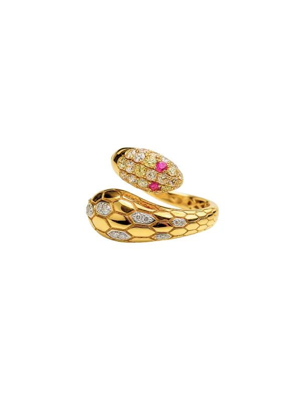 0.67ct Diamond Ruby 18K Gold Snake Bypass Ring made by Wish Fine Jewelry