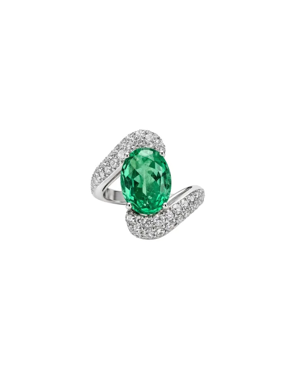 5.12ct Emerald Diamond 18K Gold Bypass Cocktail Ring made by Wish Fine Jewelry