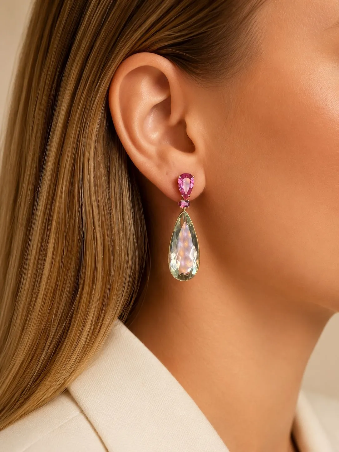 35.38ct Amethyst Tourmaline 18K Gold Pear Drop Earrings sold by Wish Fine Jewelry product image thumbnail 2