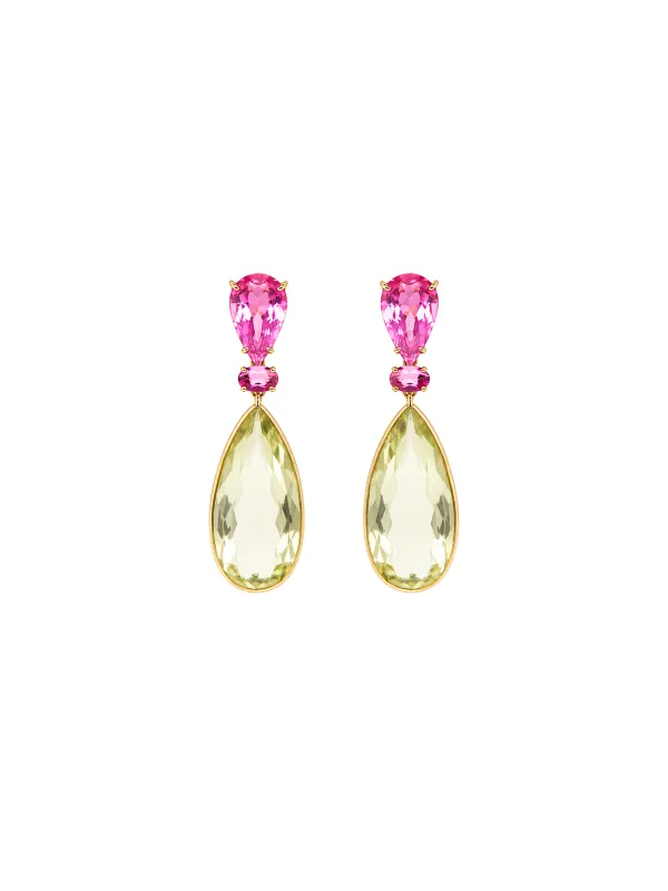 35.38ct Amethyst Tourmaline 18K Gold Pear Drop Earrings made by Wish Fine Jewelry