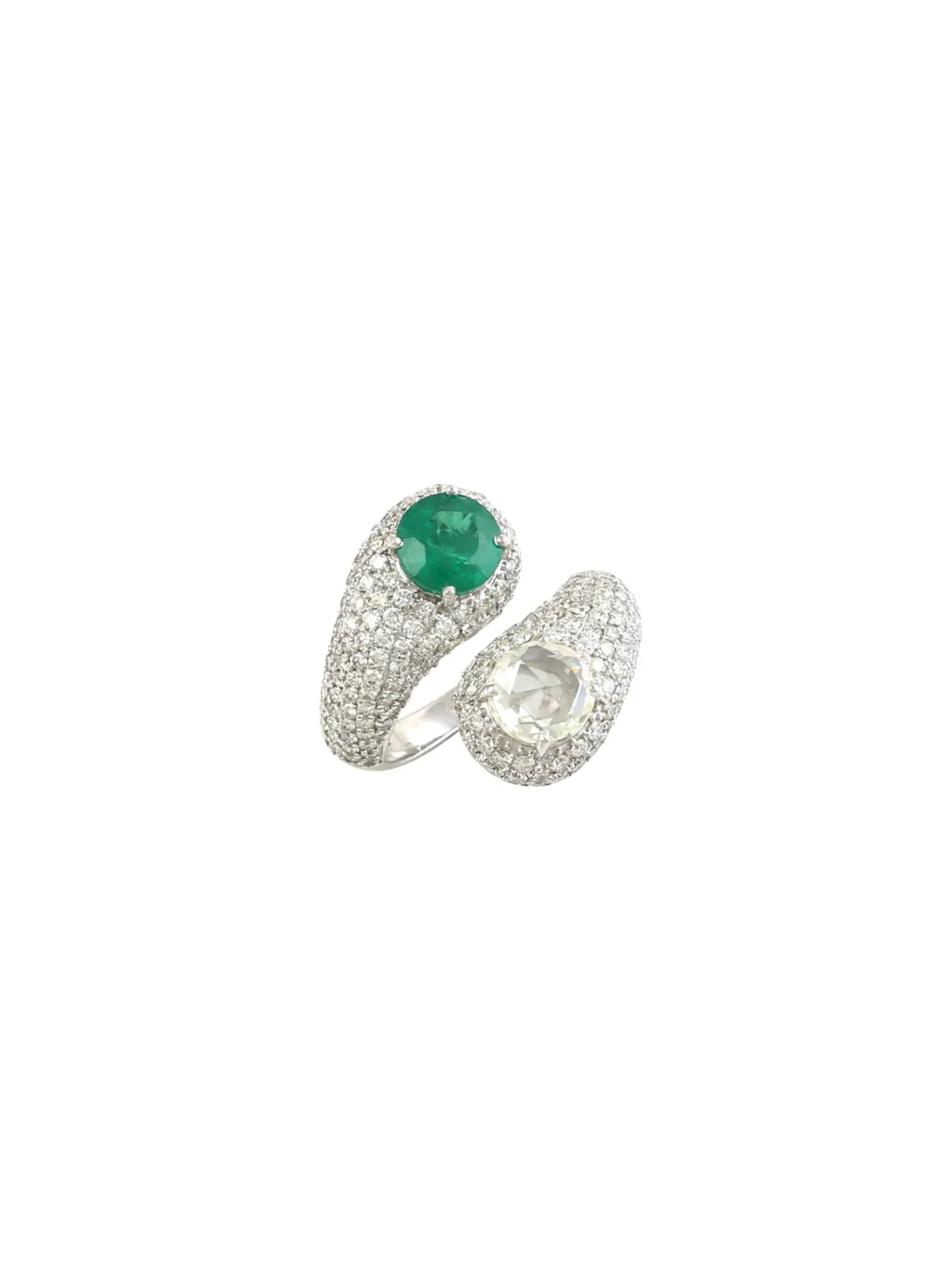 4.08ct Emerald Diamond 18K Gold Bypass Ring sold by Wish Fine Jewelry