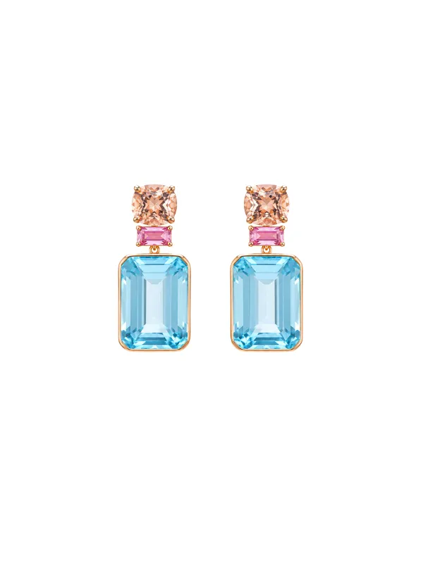 34.27ct Blue Topaz Morganite Pink Sapphire 18K Gold Drop Earrings made by Wish Fine Jewelry