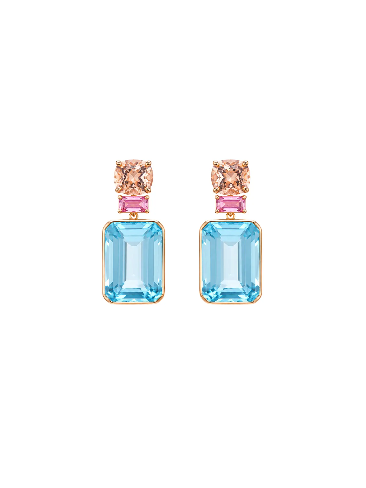 34.27ct Blue Topaz Morganite Pink Sapphire 18K Gold Drop Earrings sold by Wish Fine Jewelry