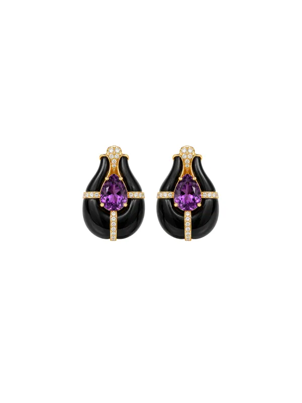 25.12ct Diamond Amethyst Onyx 18K Gold Statement Earrings made by Wish Fine Jewelry