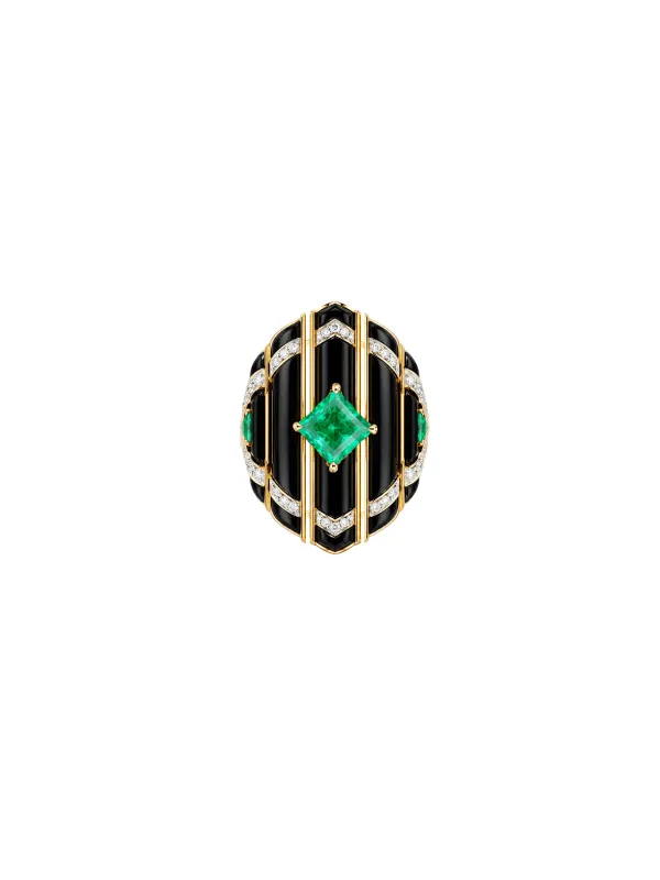 10.83ct Diamond Emerald Onyx 18K Gold Cocktail Ring made by Wish Fine Jewelry