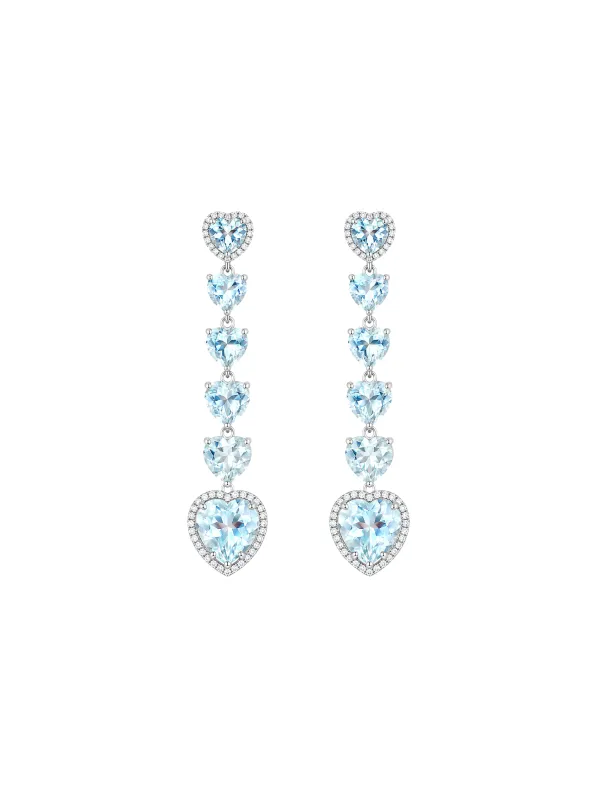 9.12ct Diamond Aquamarine 18K Gold Heart Dangle Drop Earrings made by Wish Fine Jewelry