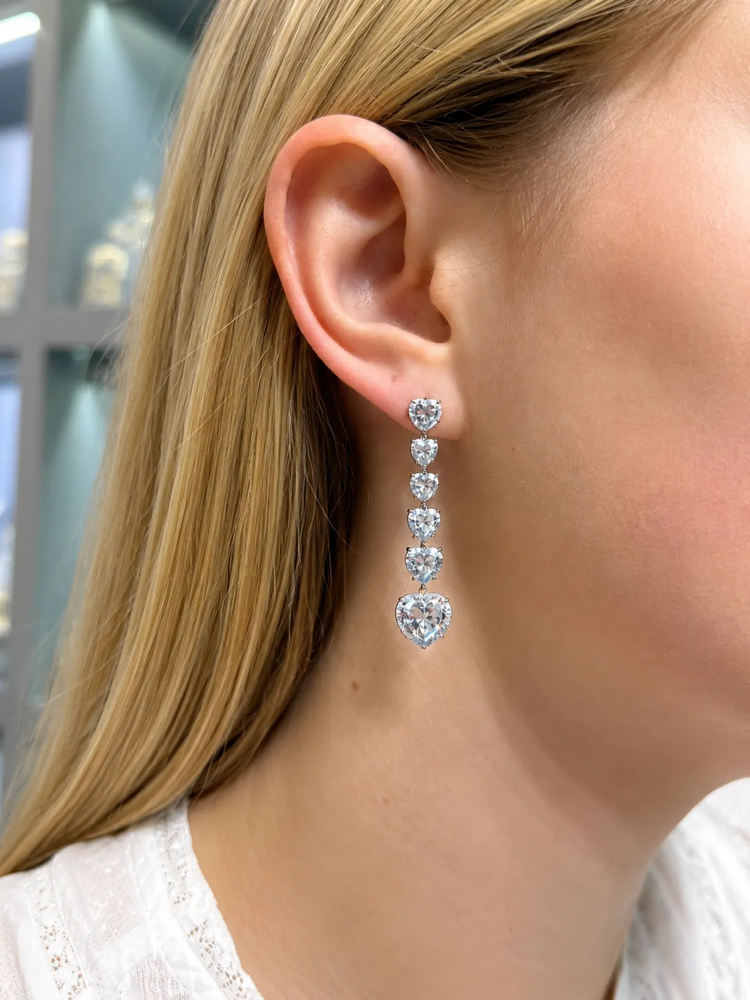 9.12ct Diamond Aquamarine 18K Gold Heart Dangle Drop Earrings sold by Wish Fine Jewelry product image thumbnail 2