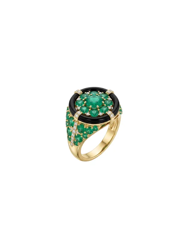 7.19ct Diamond Emerald Onyx 18K Gold Cocktail Ring made by Wish Fine Jewelry