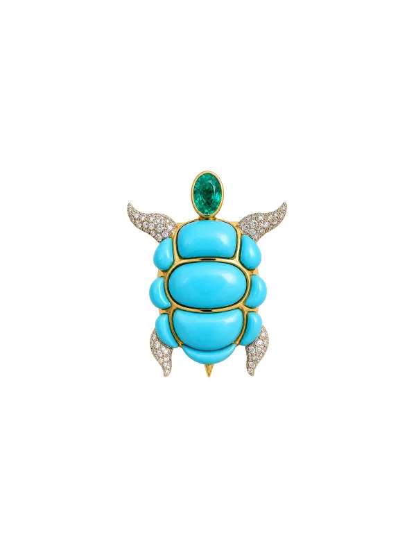 7.41ct Turquoise Emerald Diamond 18K Gold Turtle Pendant made by Wish Fine Jewelry