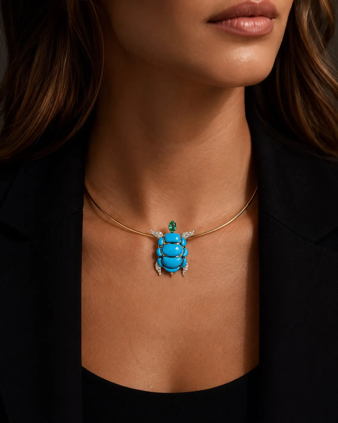 7.41ct Turquoise Emerald Diamond 18K Gold Turtle Pendant sold by Wish Fine Jewelry product image thumbnail 4