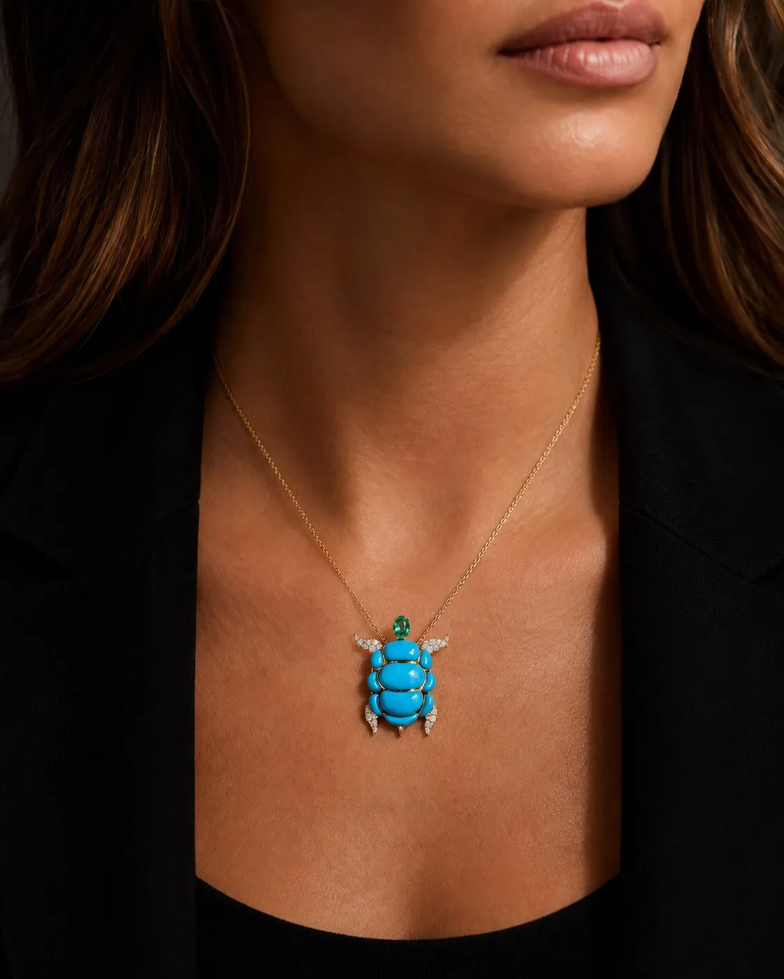 7.41ct Turquoise Emerald Diamond 18K Gold Turtle Pendant sold by Wish Fine Jewelry product image thumbnail 2