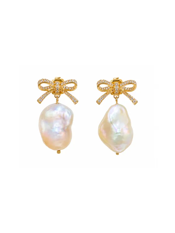 40.00ct Diamond Pearl 18K Gold Bow Drop Earrings made by Wish Fine Jewelry