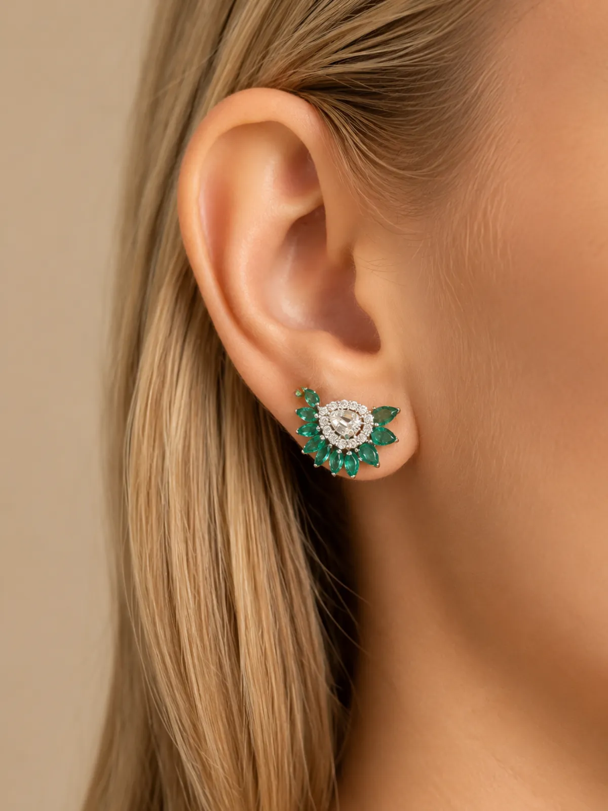 1.10ct Diamond Emerald 18K Gold Cluster Earrings sold by Wish Fine Jewelry product image thumbnail 2