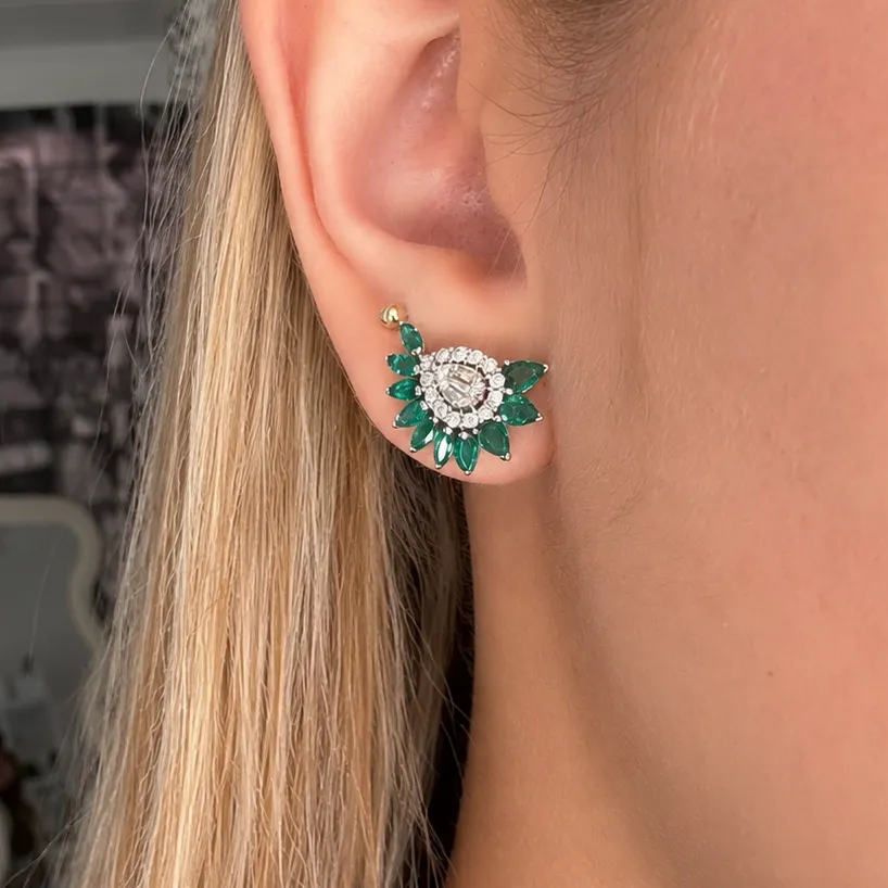 1.10ct Diamond Emerald 18K Gold Cluster Earrings sold by Wish Fine Jewelry product image thumbnail 3