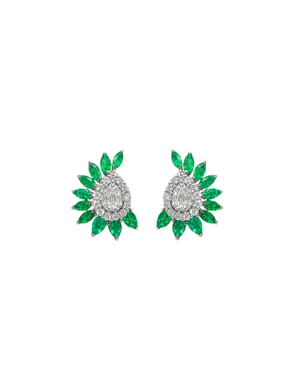 1.10ct Diamond Emerald 18K Gold Cluster Earrings made by Wish Fine Jewelry