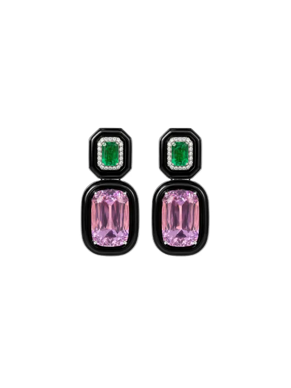 44.89ct Diamond Emerald Kunzite Onyx 18K Gold Drop Earrings made by Wish Fine Jewelry
