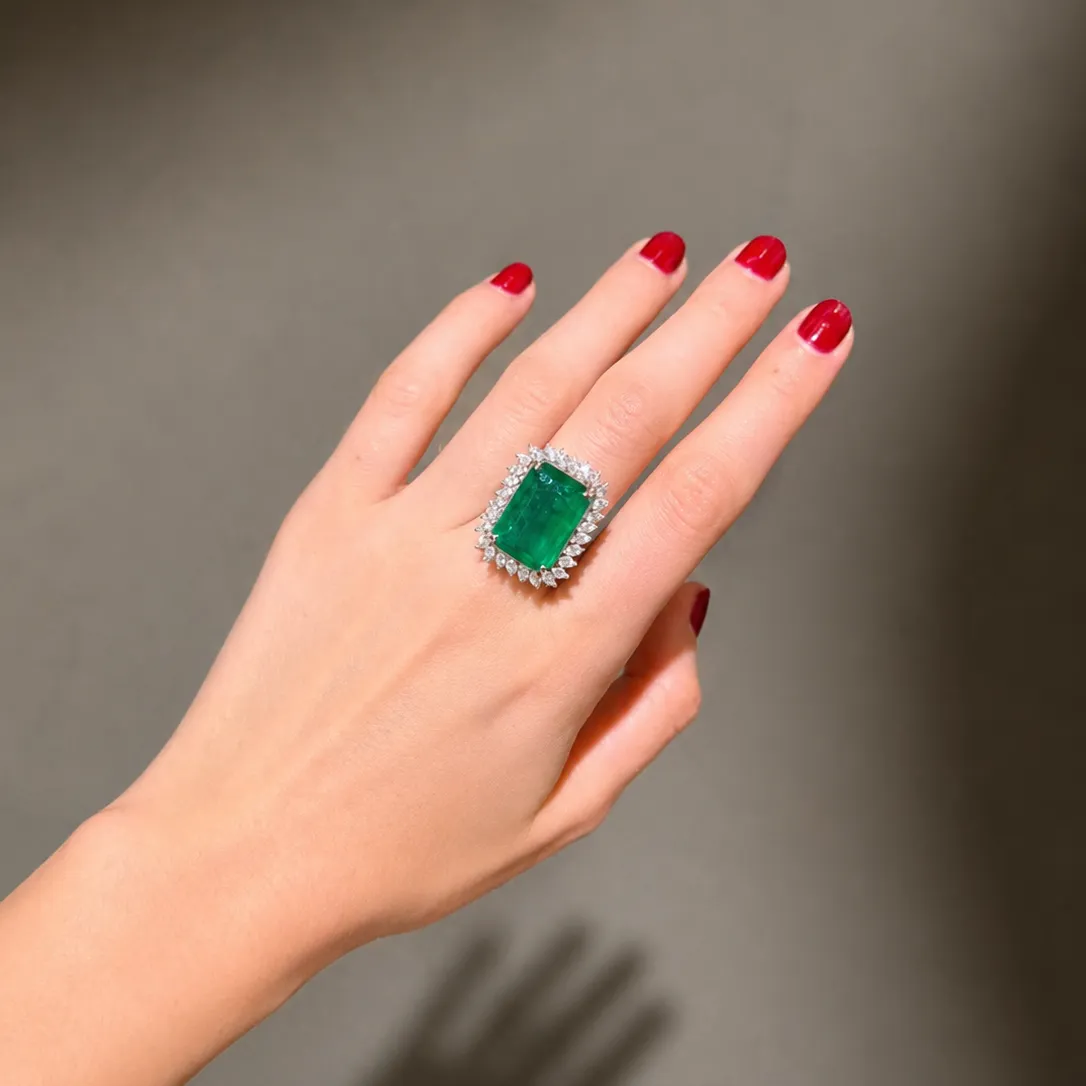 16.48ct Emerald Diamond 18K Gold Halo Cocktail Ring sold by Wish Fine Jewelry product image thumbnail 2