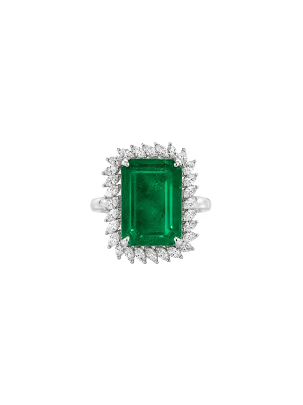 16.48ct Emerald Diamond 18K Gold Halo Cocktail Ring made by Wish Fine Jewelry