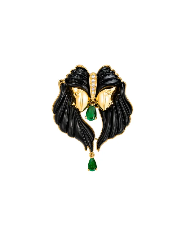 Gemini 17.59ct Black Onyx Emerald Diamonds 18K Gold Brooch made by Wish Fine Jewelry