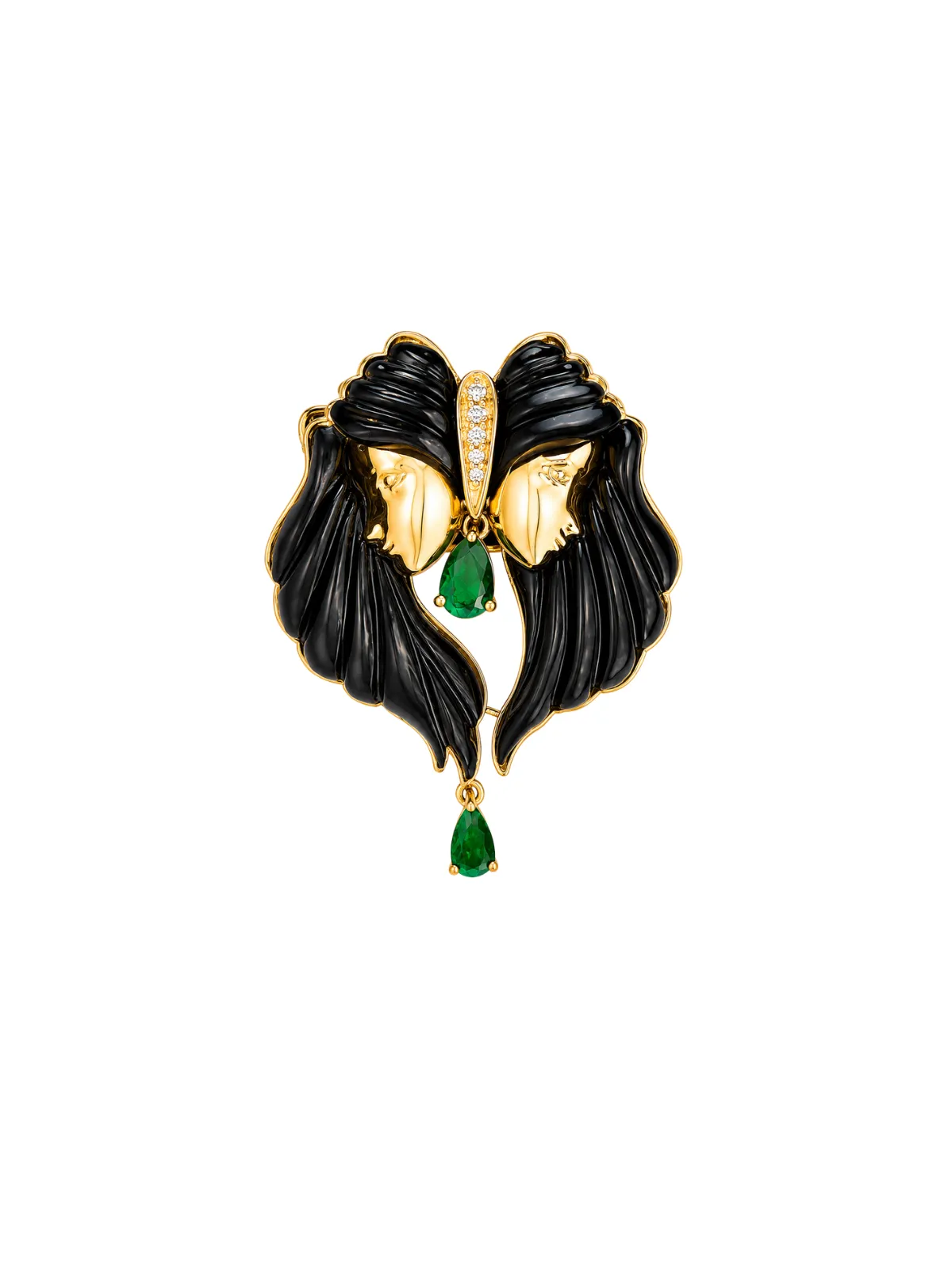 Gemini 17.59ct Black Onyx Emerald Diamonds 18K Gold Brooch sold by Wish Fine Jewelry