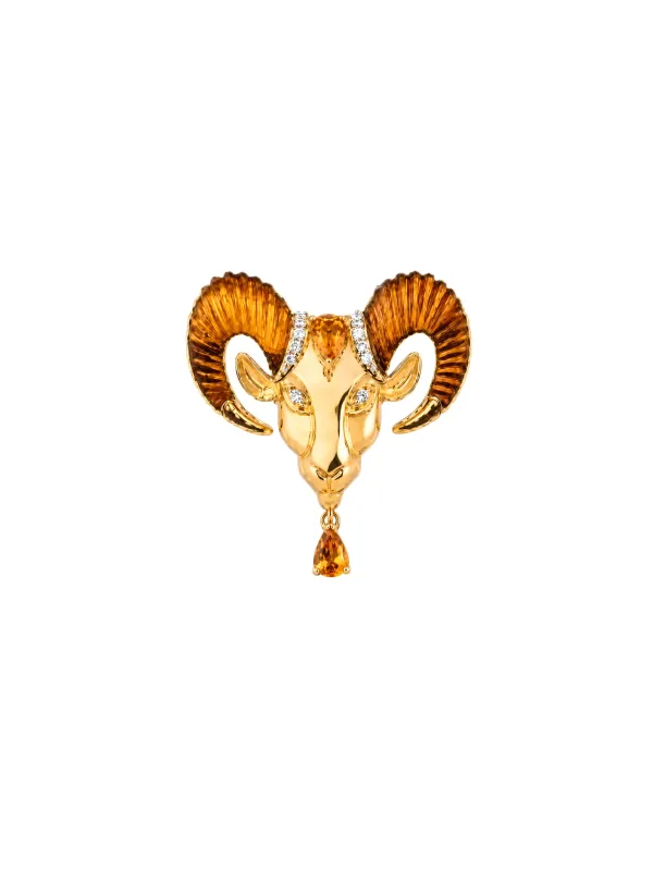 Aries 4.95ct Tigers Eye Citrine Diamond 18K Gold Brooch made by Wish Fine Jewelry