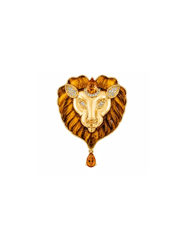 Leo 12.37ct Tigers Eye Citrine Diamond 18K Gold Brooch made by Wish Fine Jewelry