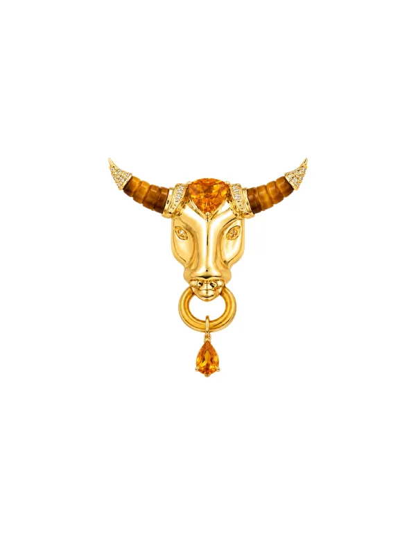Taurus 11.99ct Tigers Eye Citrine Diamond 18K Gold Brooch made by Wish Fine Jewelry