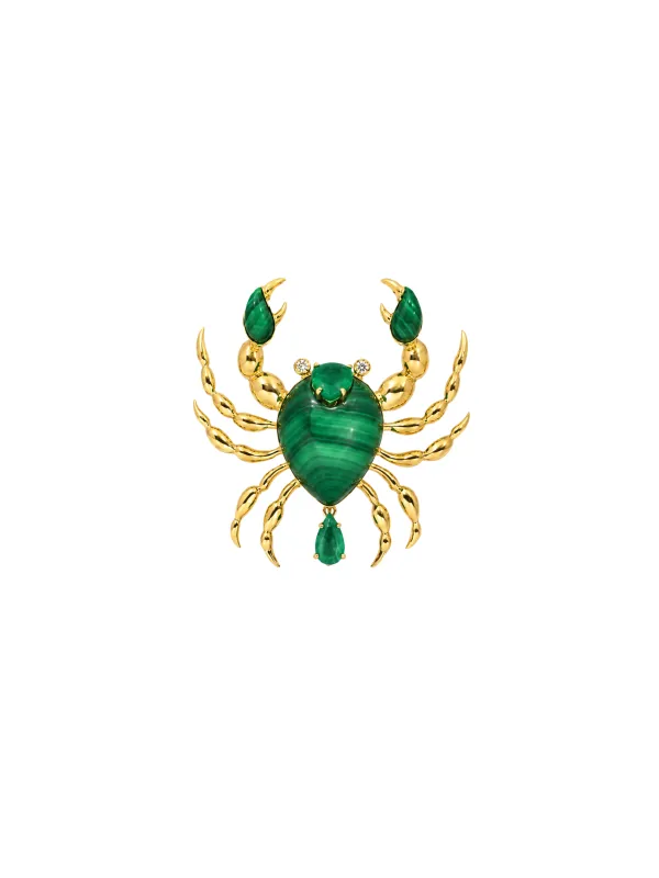 Cancer 11.19ct Malachite Emerald Diamond 18K Gold Brooch made by Wish Fine Jewelry