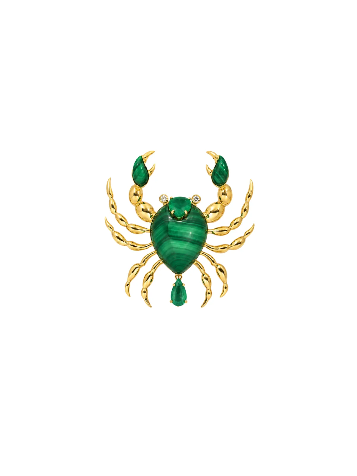 Cancer 11.19ct Malachite Emerald Diamond 18K Gold Brooch sold by Wish Fine Jewelry