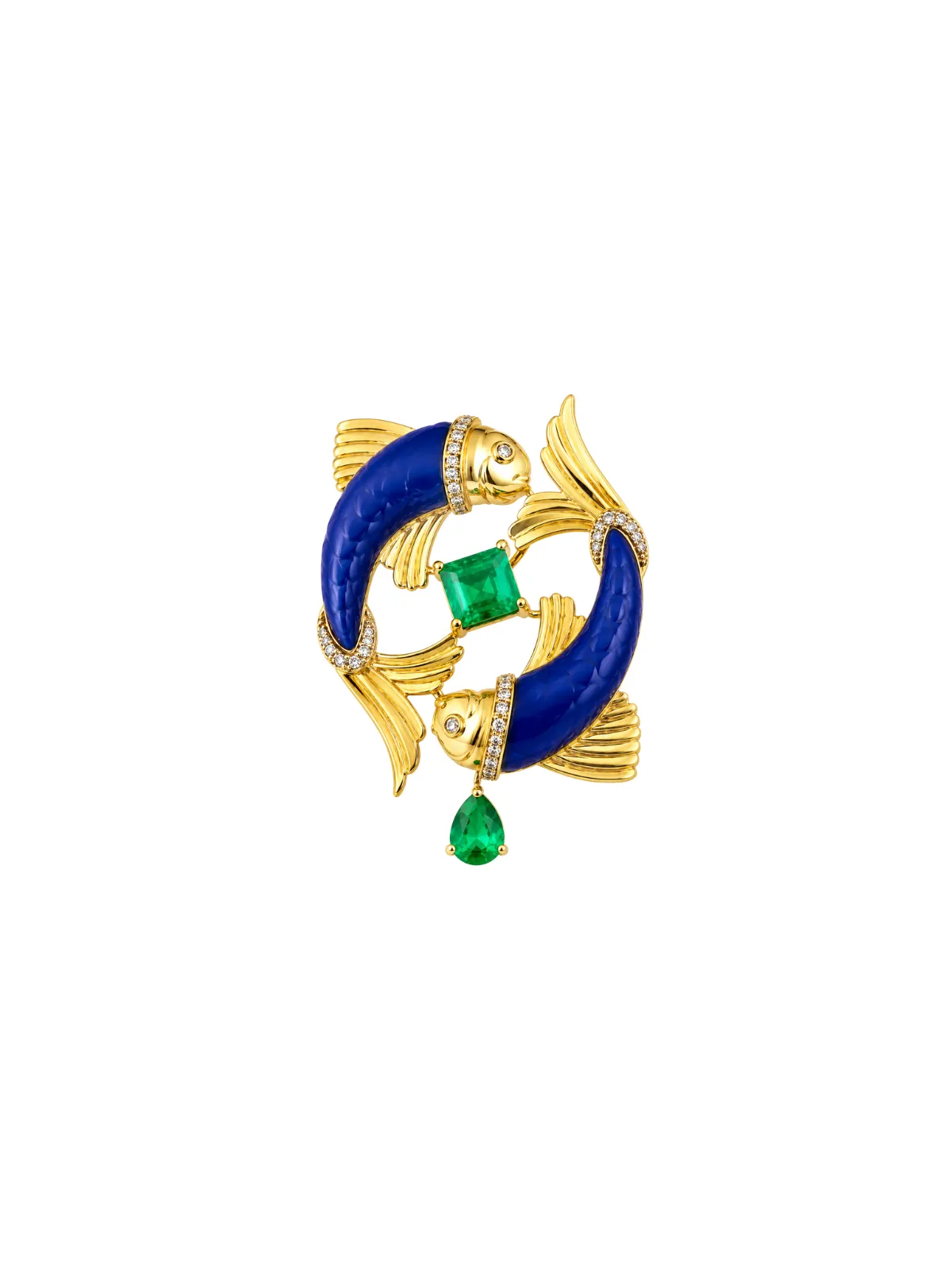 Pisces 11.87ct Lapis Lazuli Emerald Diamond 18K Gold Brooch sold by Wish Fine Jewelry