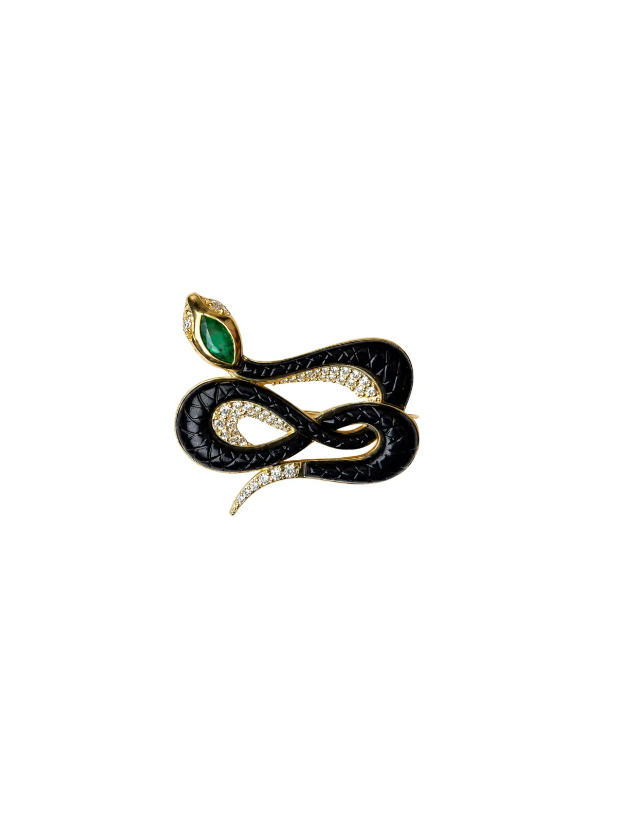 10.03ct Diamond Emerald Onyx 18K Gold Snake Brooch sold by Wish Fine Jewelry