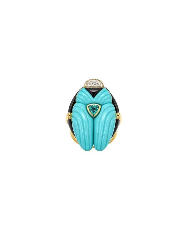 42.41ct Turquoise Emerald Diamond Black Onyx 18K Gold Beatle Ring made by Wish Fine Jewelry