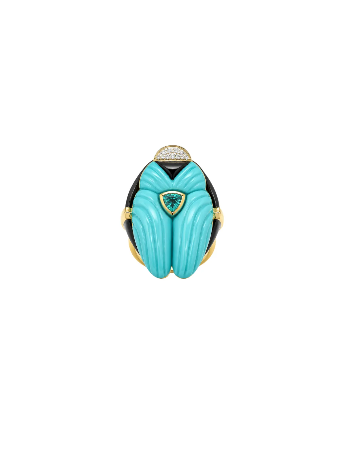 42.41ct Turquoise Emerald Diamond Black Onyx 18K Gold Beatle Ring sold by Wish Fine Jewelry