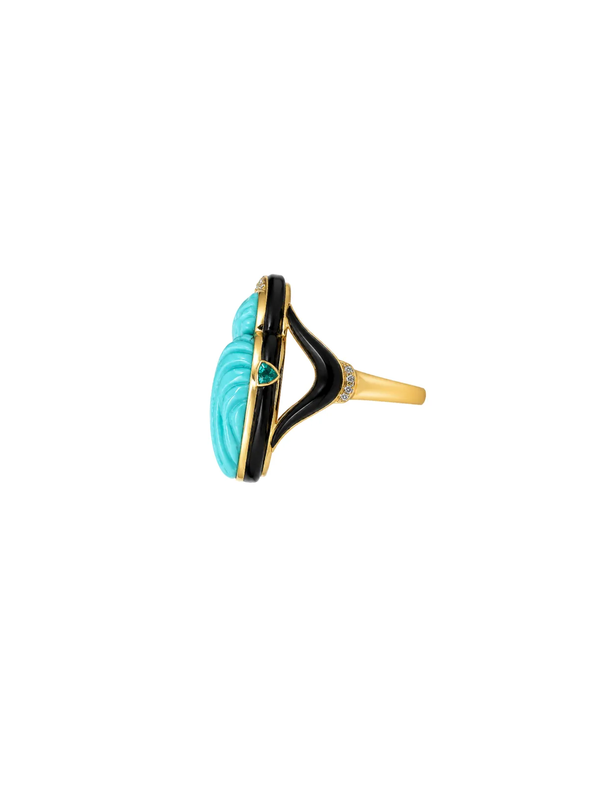 42.41ct Turquoise Emerald Diamond Black Onyx 18K Gold Beatle Ring sold by Wish Fine Jewelry product image thumbnail 2