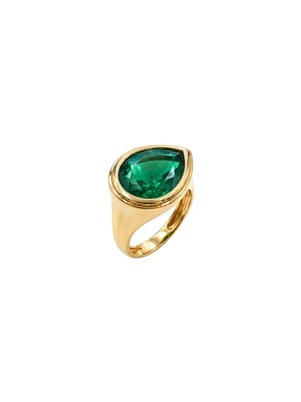 2.84ct Emerald 18K Gold Pear Signet Ring made by Wish Fine Jewelry