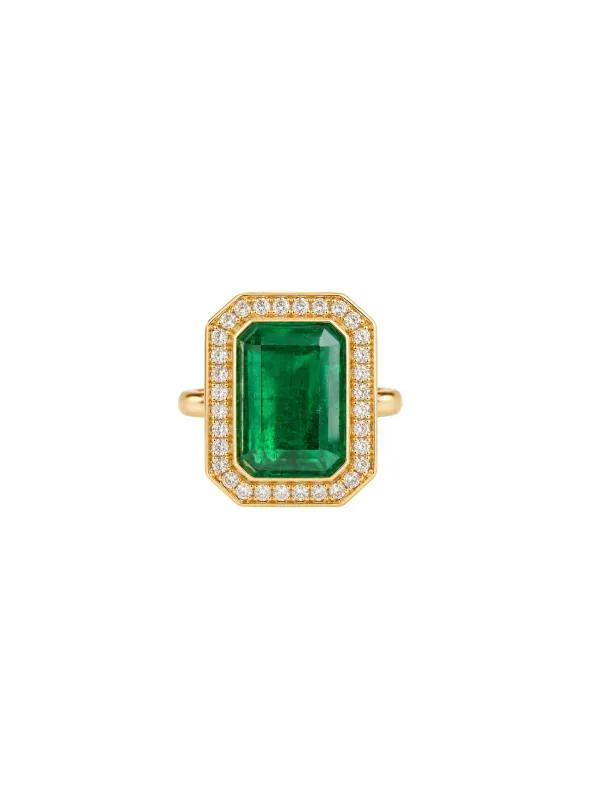 4.67ct Diamond Emerald 18K Gold Bezel Halo Ring made by Wish Fine Jewelry
