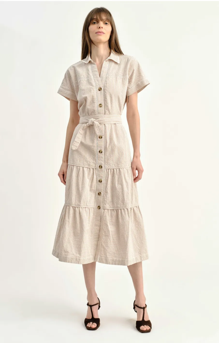 Adriana Shirt Dress- Camel Stripe sold by Illie & Co