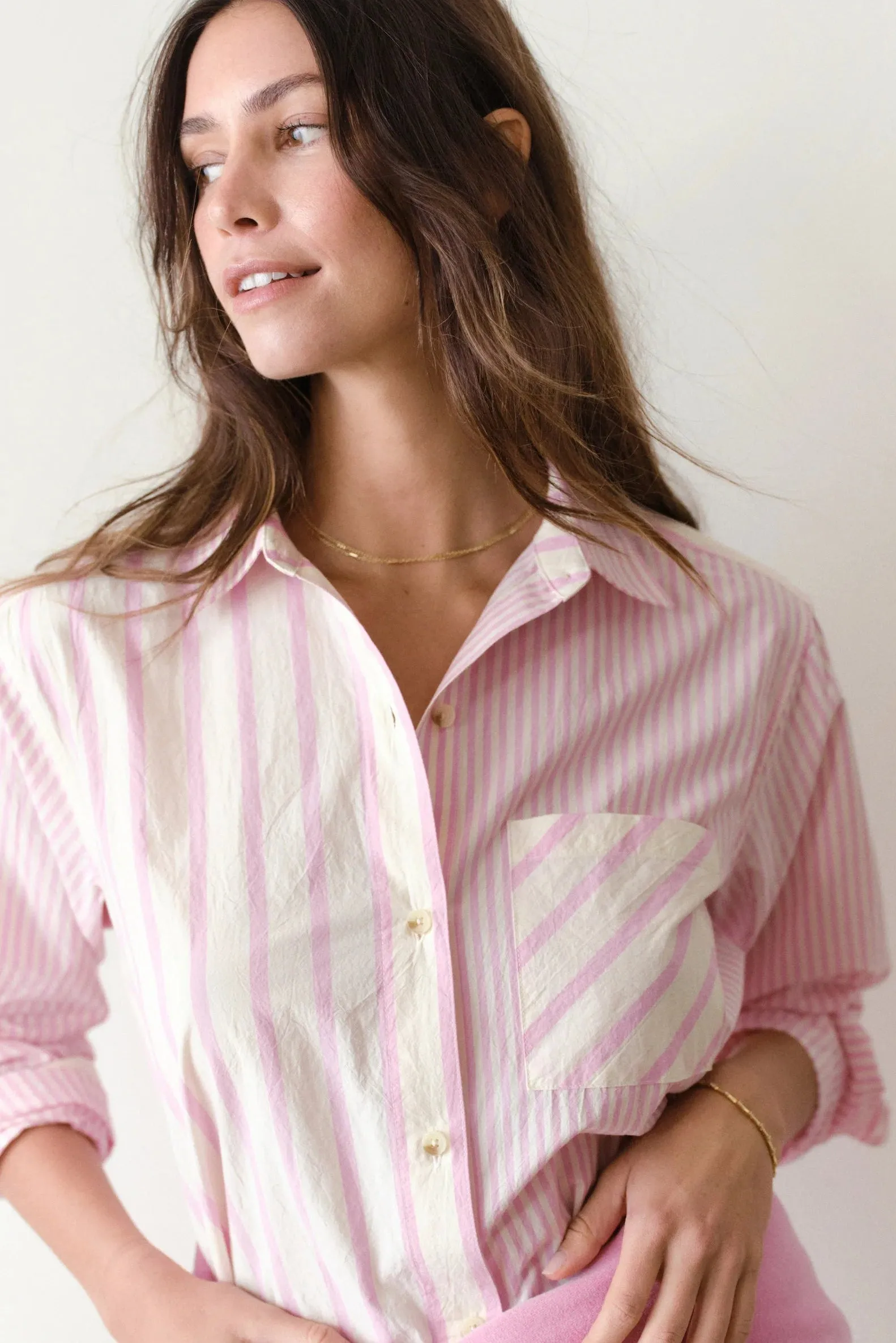Jane Relaxed Shirt in Cali Poplin- Pink Stripe sold by Illie & Co product image thumbnail 2