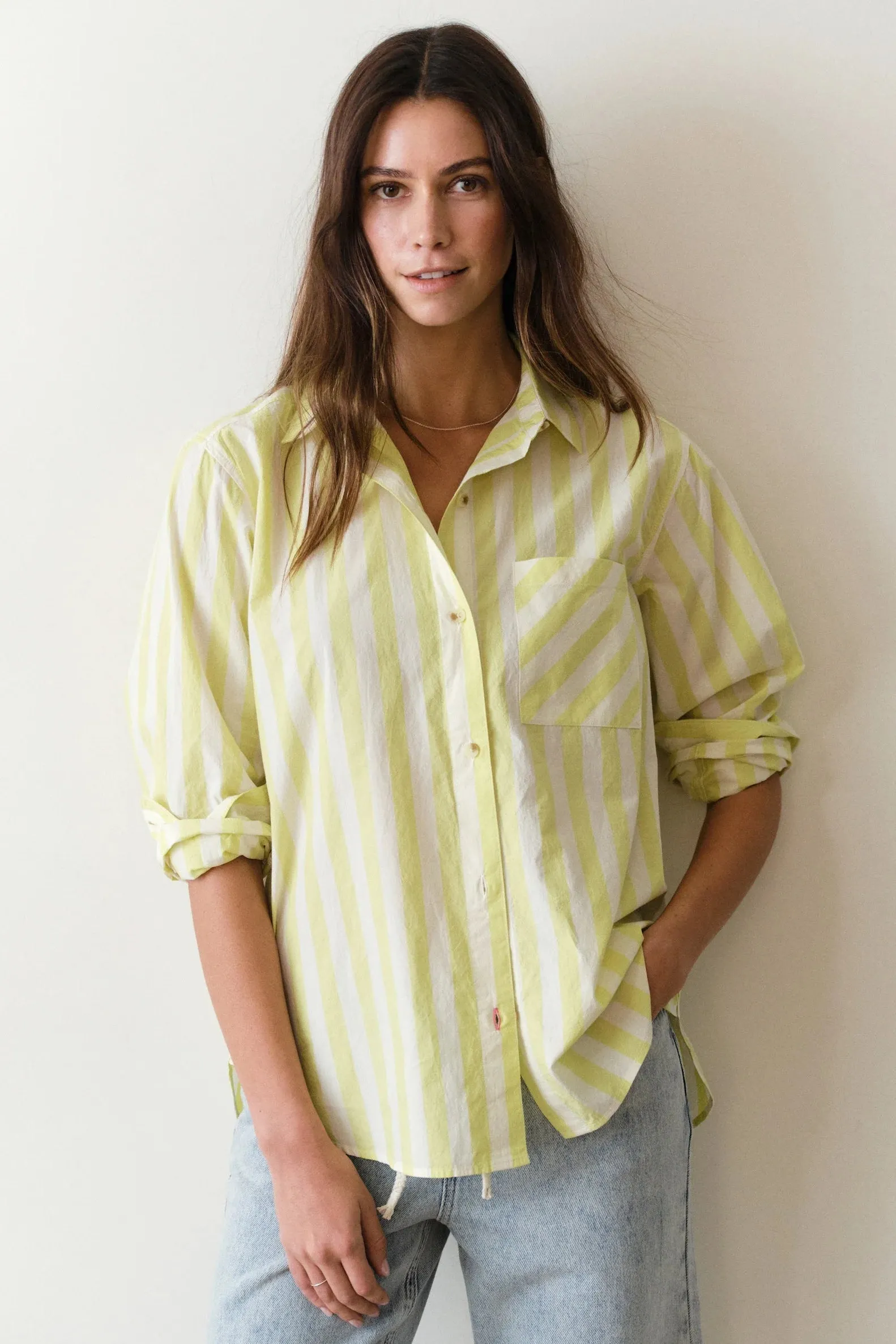 Jane Relaxed Shirt in Cali Poplin- Lime Stripe sold by Illie & Co