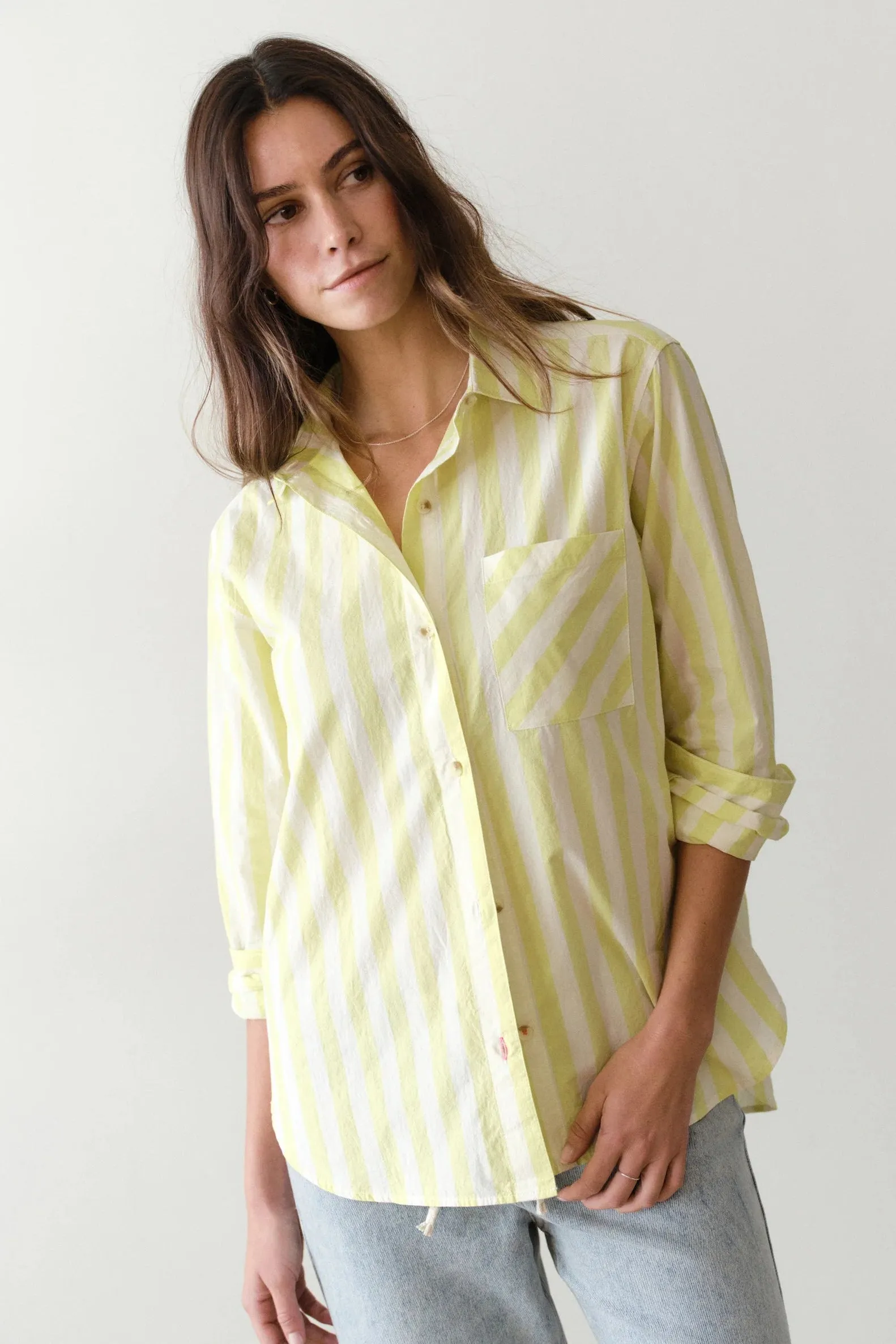 Jane Relaxed Shirt in Cali Poplin- Lime Stripe sold by Illie & Co product image thumbnail 2