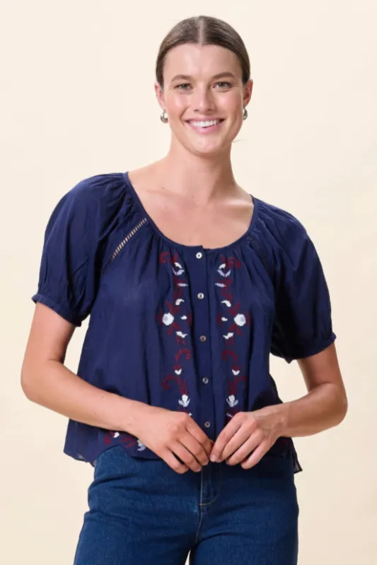Adeline Blouse- Navy Embroidered made by Cleobella